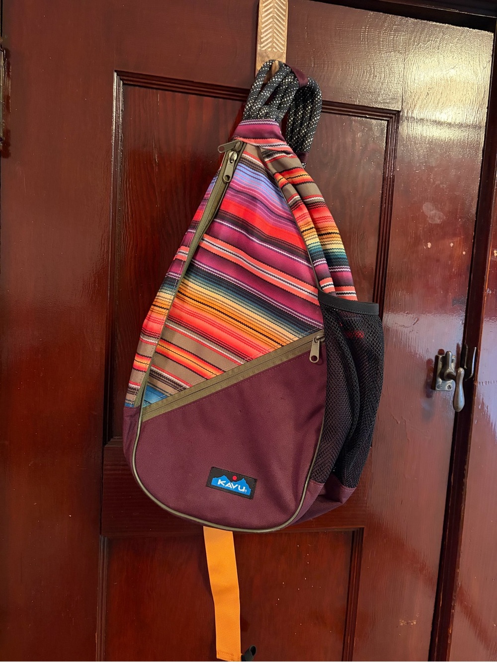 Kavu Paxton Pack Striped Sling Backpack with Burgundy Base